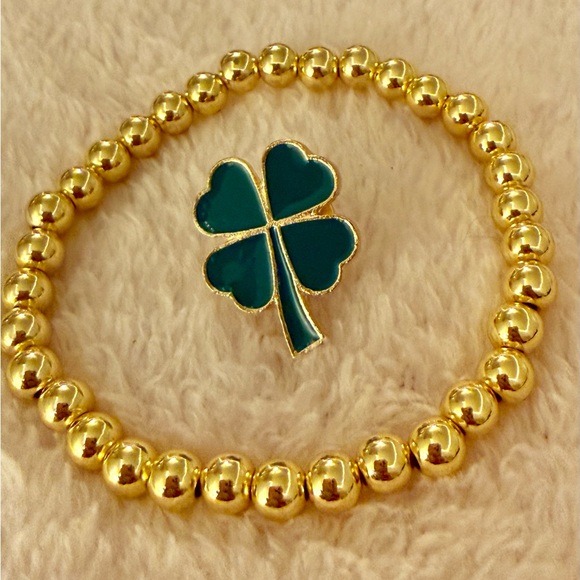 Jewelry - Gold Beaded Bracelet with Green Clover Charm